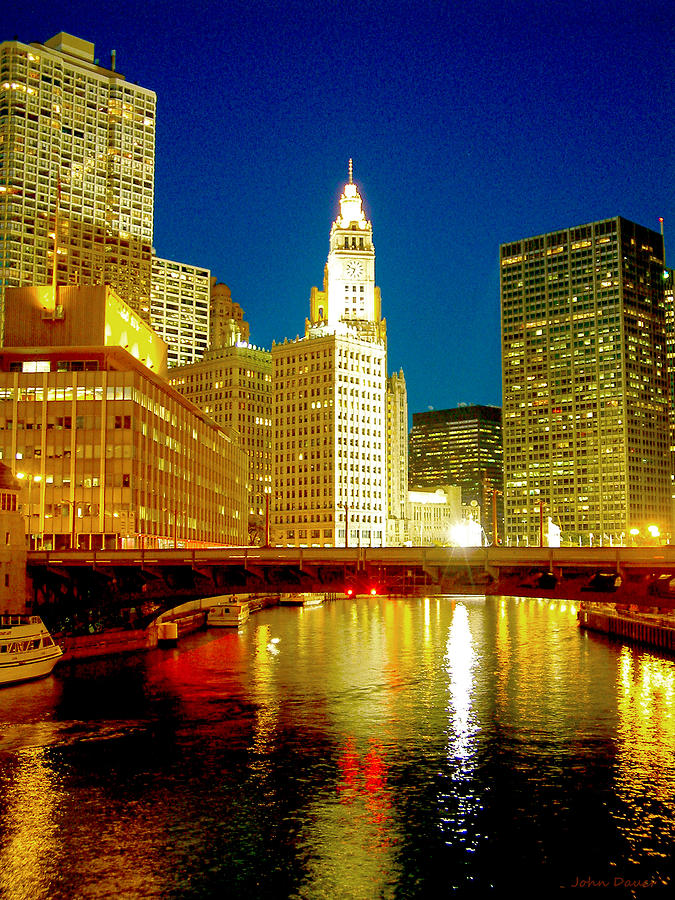 Chicago Photograph - Night TIme by the River by John Dauer