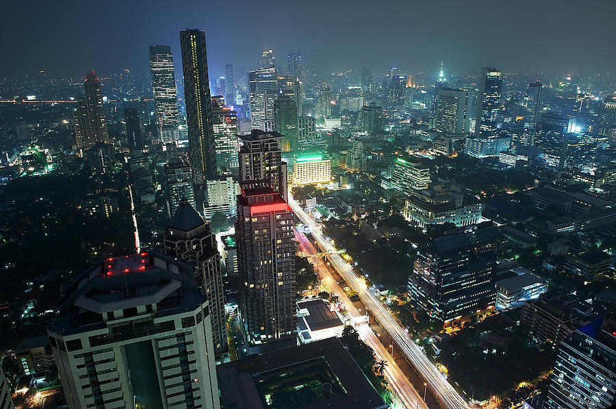 Night-time Cityscape Of Bangkok Photograph by Mike Harrington