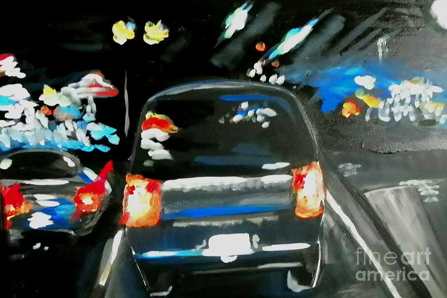 Night Traffic Painting by Marisela Mungia