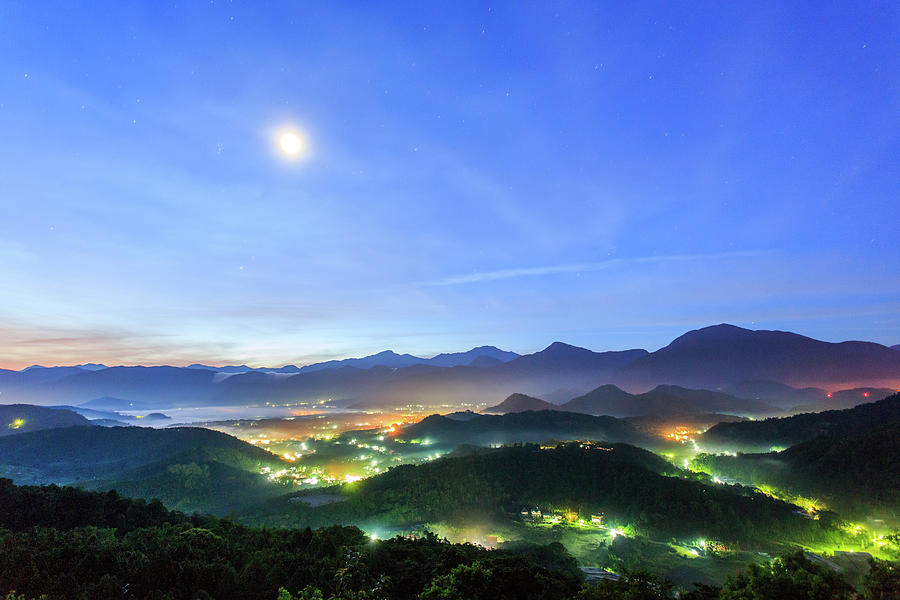 Night View Of Misty Valley With Moon Photograph by Samyaoo