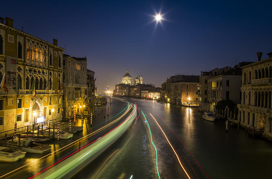 Architecture Photograph - Night View of Venice with Blurred Motion of Boats by Francesco Rizzato