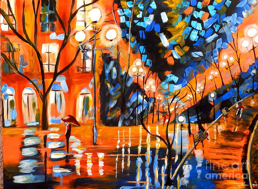 Night Village Rain Painting by Jayne Kerr