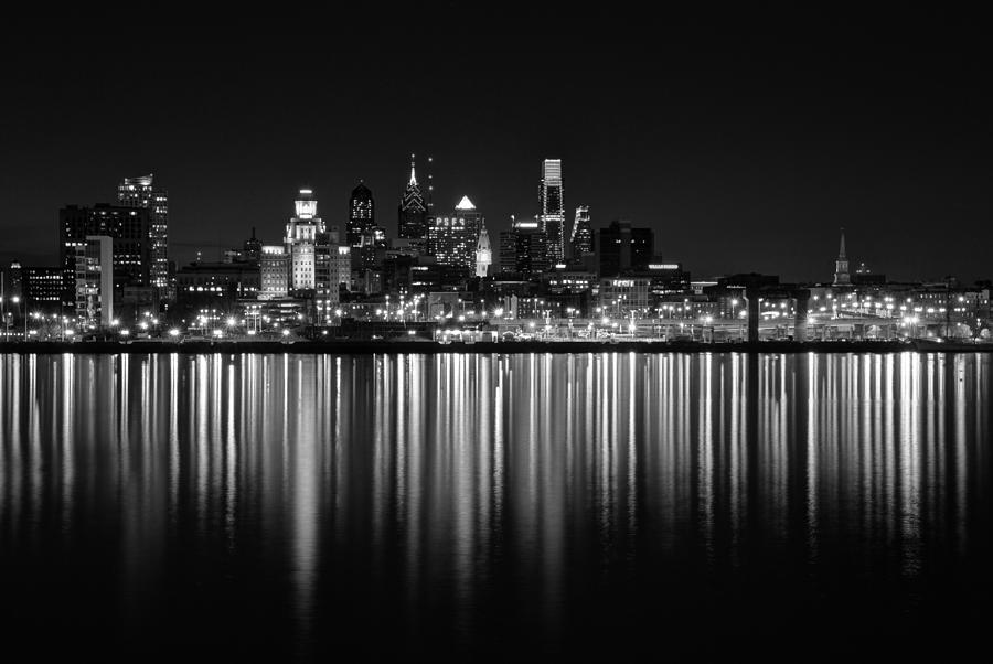 Philadelphia Photograph - Nightfall in Philly b/w by Jennifer Ancker