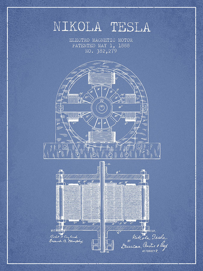 Nikola Tesla Electro Magnetic Motor Patent Drawing From 1888 - L ...