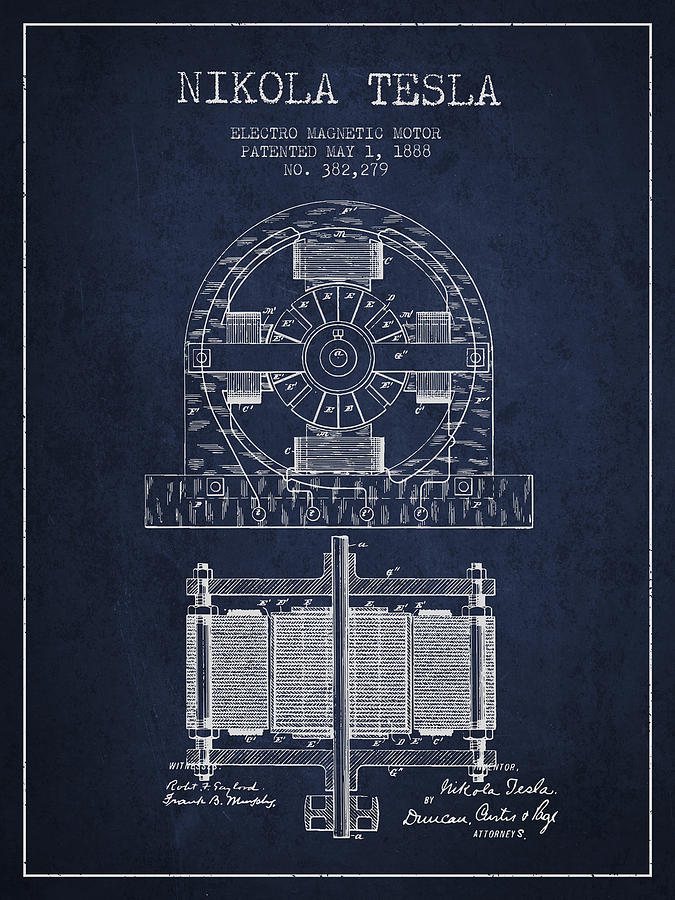 Nikola Tesla Electro Magnetic Motor Patent Drawing From 1888 - N ...