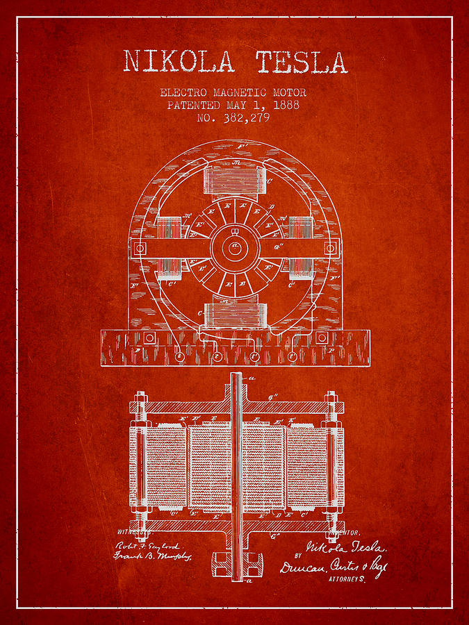 Nikola Tesla Electro Magnetic Motor Patent Drawing From 1888 - R ...