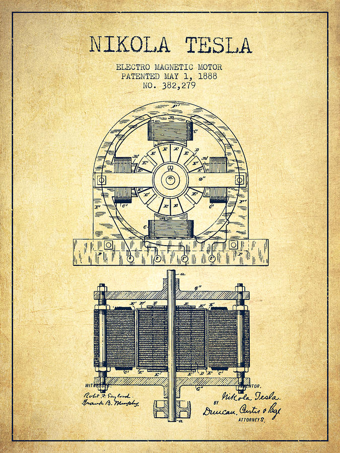 Vintage Digital Art - Nikola Tesla Electro Magnetic Motor Patent Drawing From 1888 - V by Aged Pixel