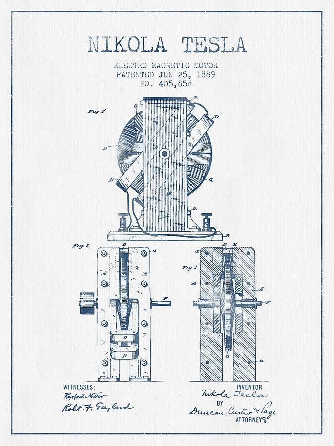 Nikola Tesla Electro Magnetic Motor Patent Drawing From 1889 - Digital ...