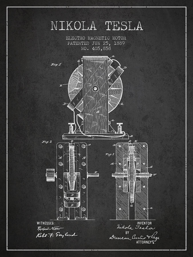 Vintage Digital Art - Nikola Tesla Electro Magnetic Motor Patent Drawing From 1889 - D by Aged Pixel