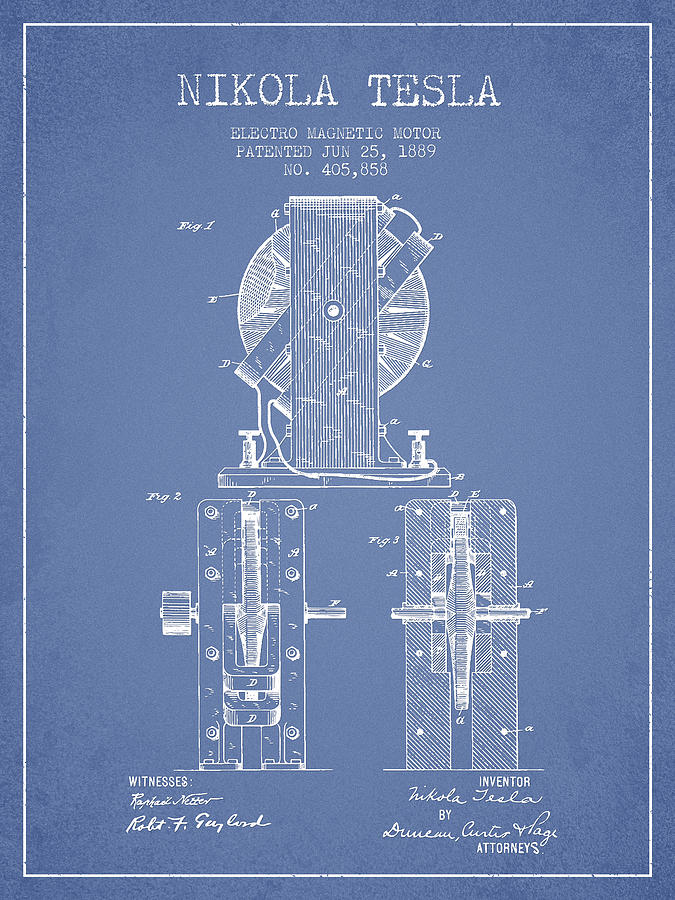 Nikola Tesla Electro Magnetic Motor Patent Drawing From 1889 - L ...
