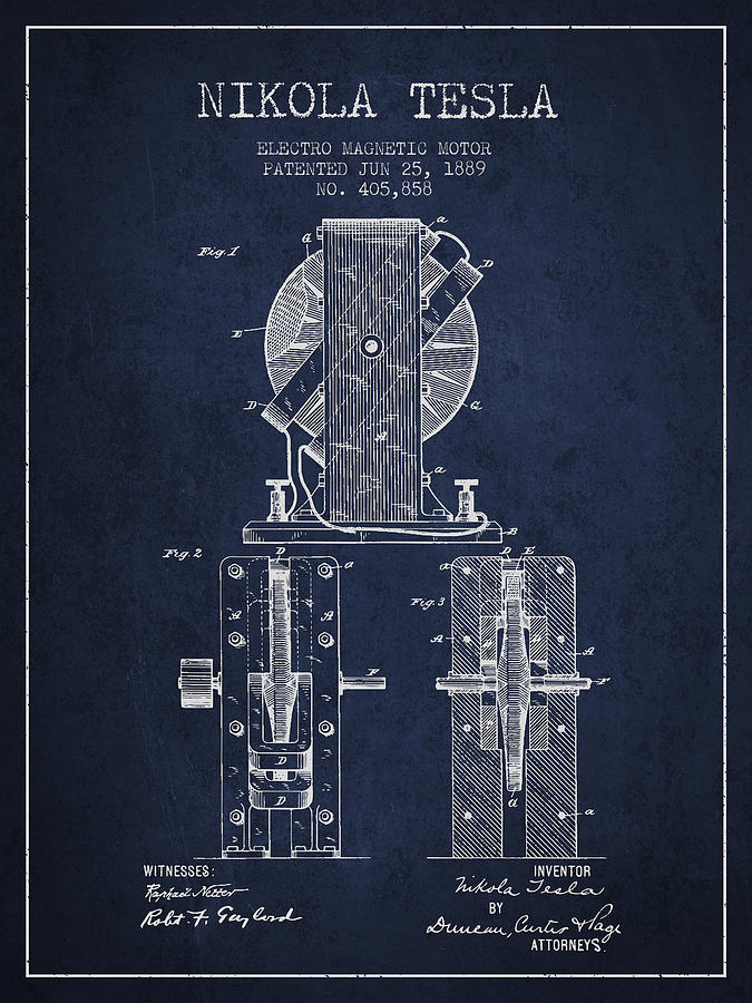Nikola Tesla Electro Magnetic Motor Patent Drawing From 1889 - N Digital Art by Aged Pixel