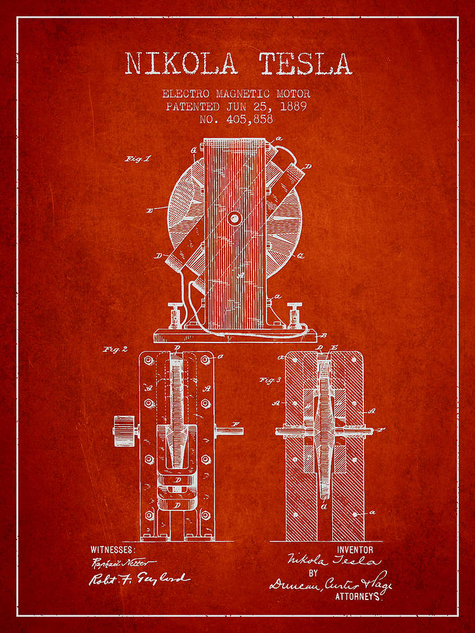 Nikola Tesla Electro Magnetic Motor Patent Drawing From 1889 - R ...