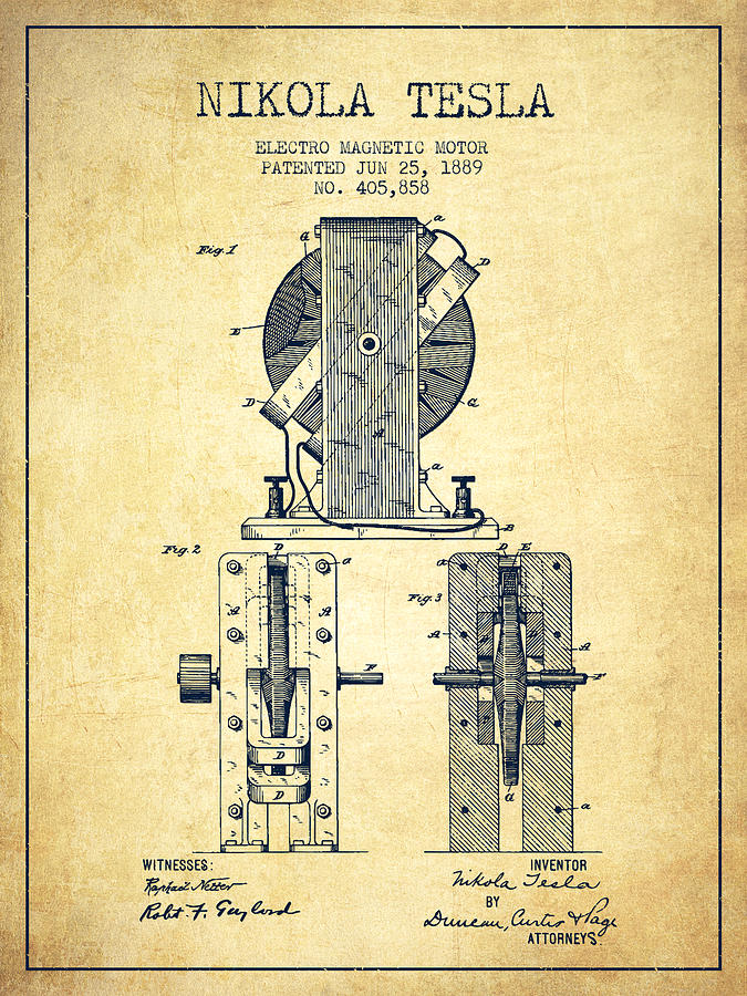 Vintage Digital Art - Nikola Tesla Electro Magnetic Motor Patent Drawing From 1889 - V by Aged Pixel