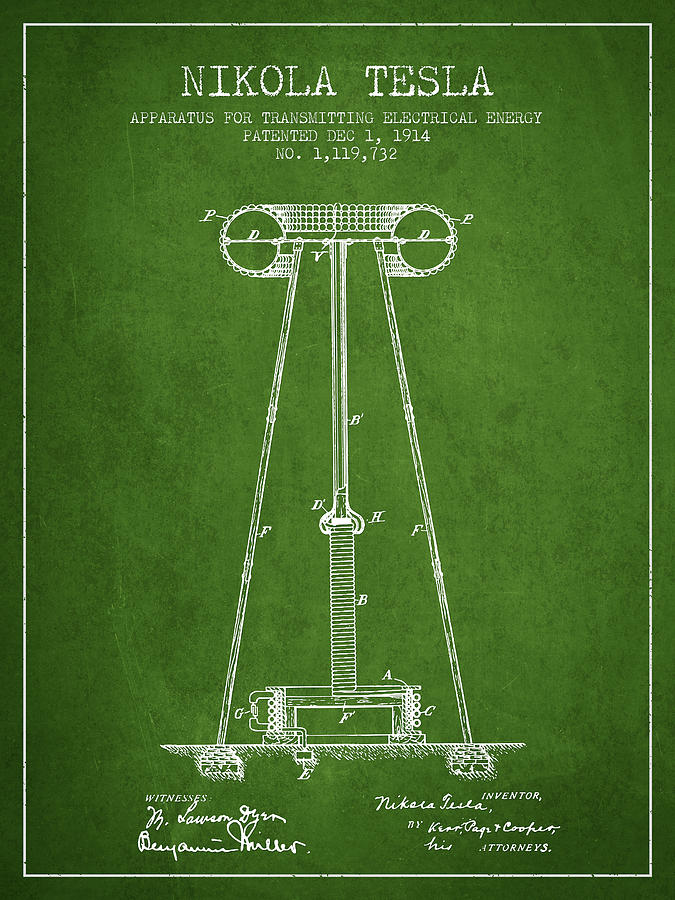 Vintage Digital Art - Nikola Tesla Energy Apparatus Patent Drawing From 1914 - Green by Aged Pixel