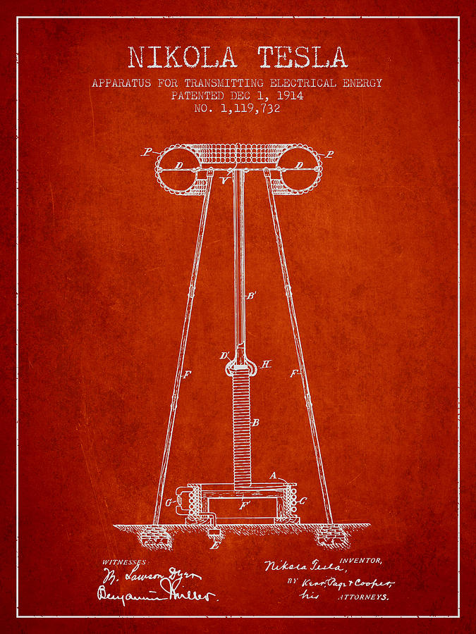 Nikola Tesla Energy Apparatus Patent Drawing From 1914 - Red Digital ...