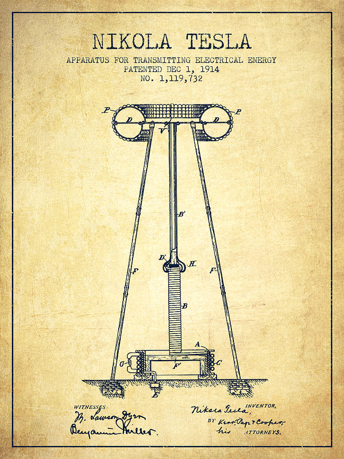 Nikola Tesla Energy Apparatus Patent Drawing From 1914 - Vintage ...