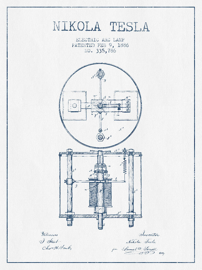 Nikola Tesla Patent Drawing From 1886 - Blue Ink Digital Art by Aged ...