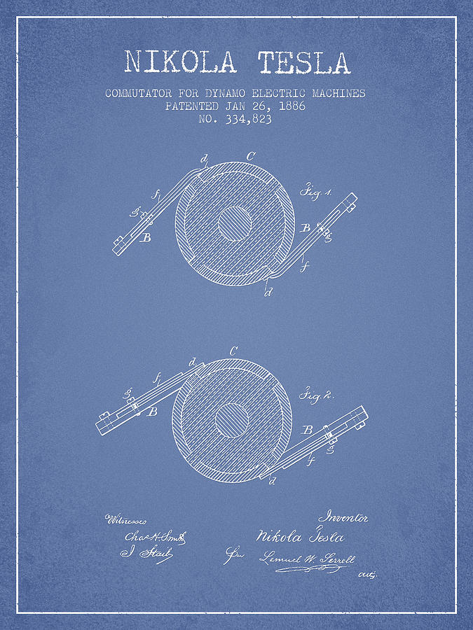 Nikola Tesla Patent Drawing From 1886 - Light Blue Digital Art by Aged ...