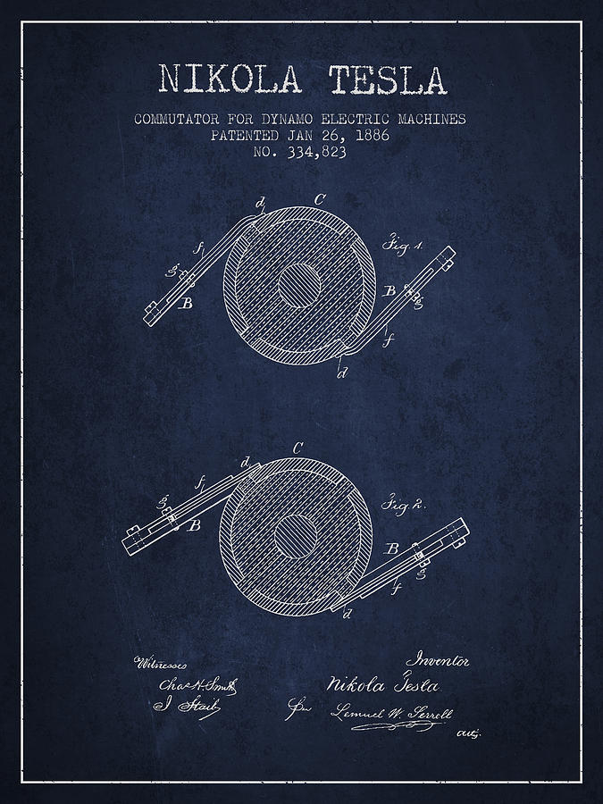 Nikola Tesla Patent Drawing From 1886 - Navy Blue Digital Art by Aged Pixel