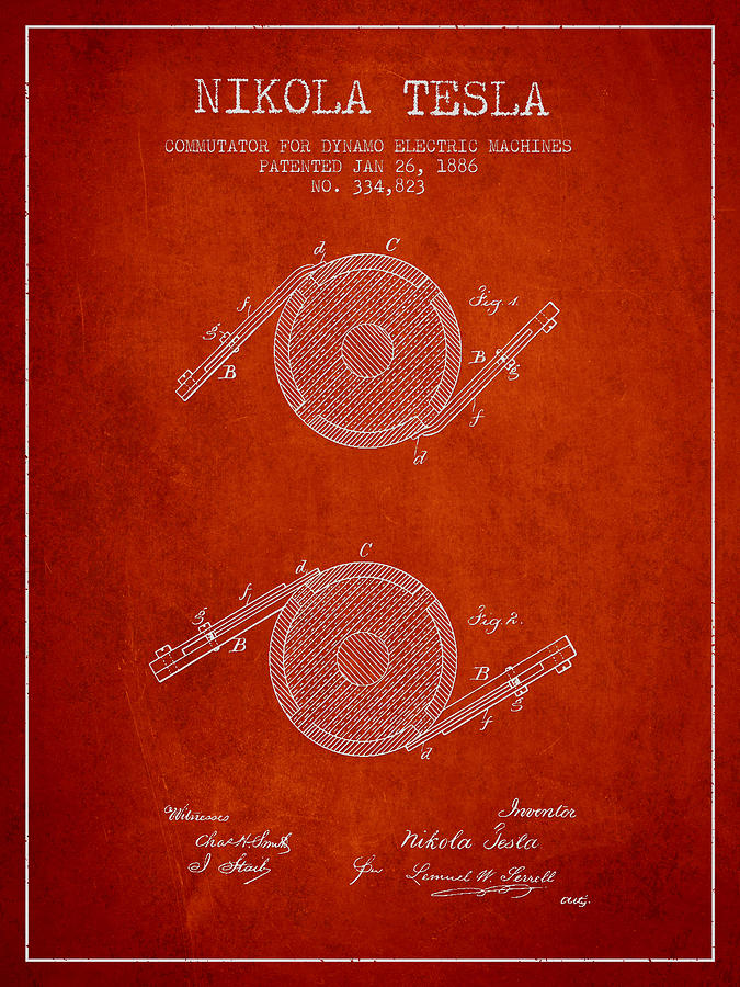 nikola tesla patent drawing from 1886 red aged pixel