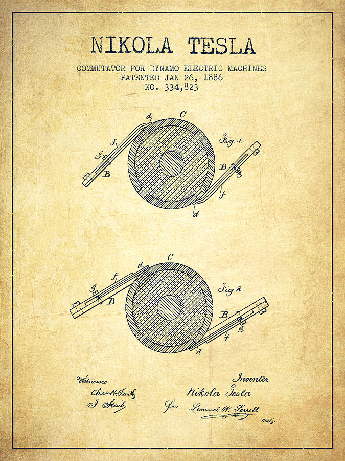 nikola tesla patent drawing from 1886 vintage aged pixel