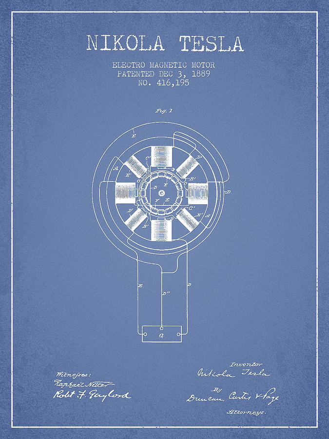 Nikola Tesla Patent Drawing From 1889 - Light Blue Digital Art by Aged ...