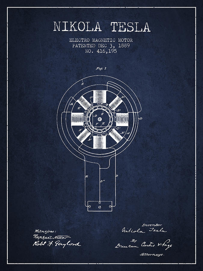 nikola tesla patent drawing from 1889 navy blue aged pixel
