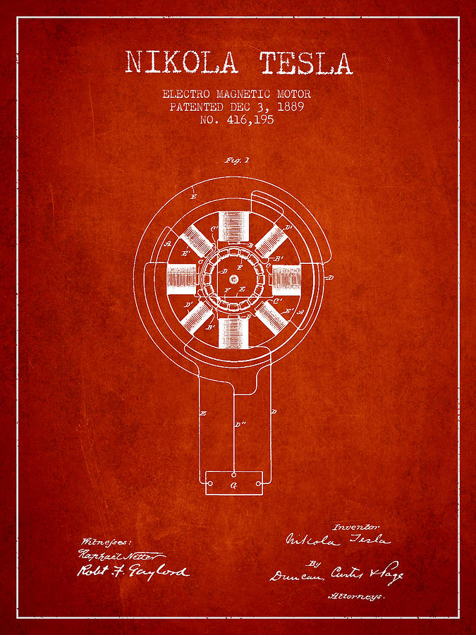 Nikola Tesla Patent Drawing From 1889 - Red Digital Art by Aged Pixel