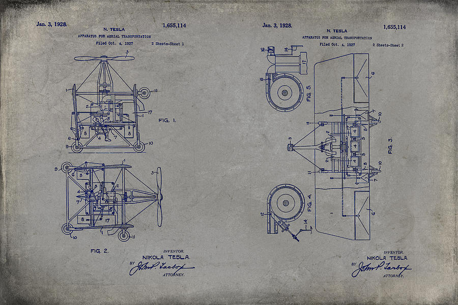 Nikola Teslas Aerial Transport Patent 1928 Grunge Gray Digital Art by Paulette B Wright