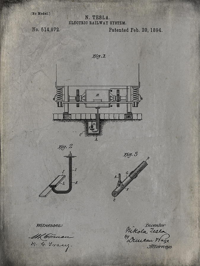 Nikola Teslas Electric Railway System Patent 1894 Grunge Grey Digital Art by Paulette B Wright