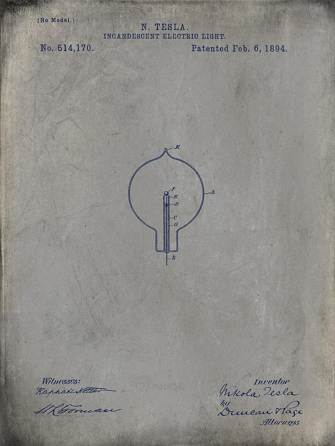 Nikola Teslas Incandescent Electric Light Patent 1894 - grunge Drawing by Paulette B Wright