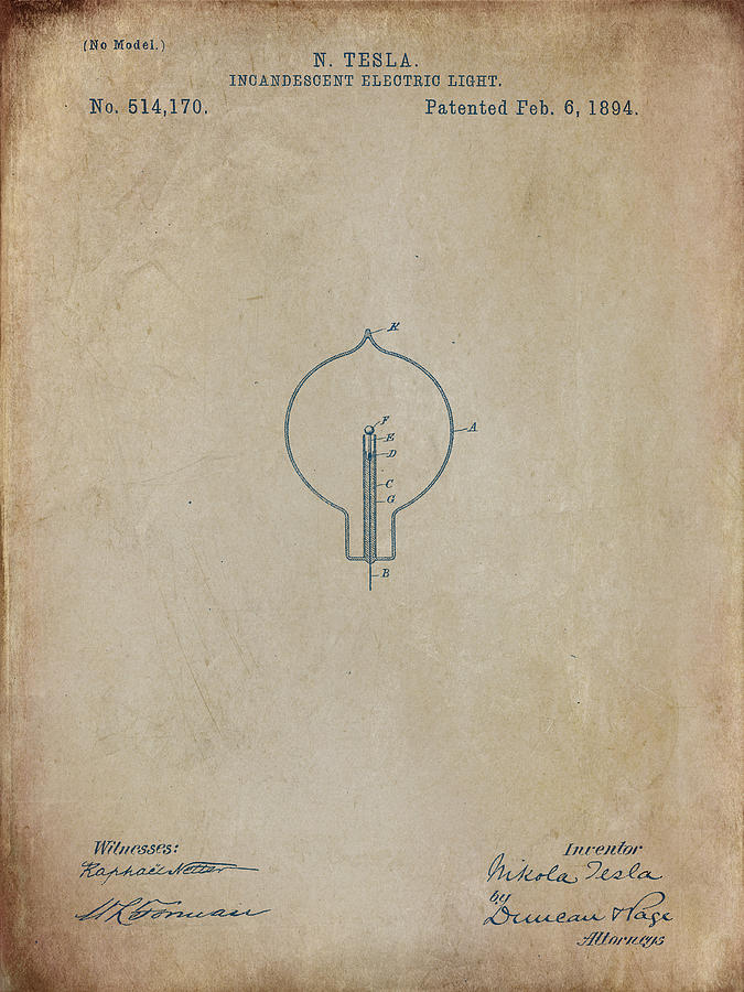 Nikola Teslas Incandescent Electric Light Patent 1894 aged Digital Art by Paulette B Wright