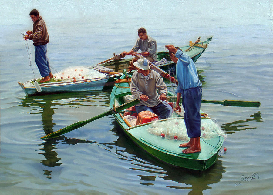 Boat Painting - Nile River Fishermen  by Ahmed Bayomi