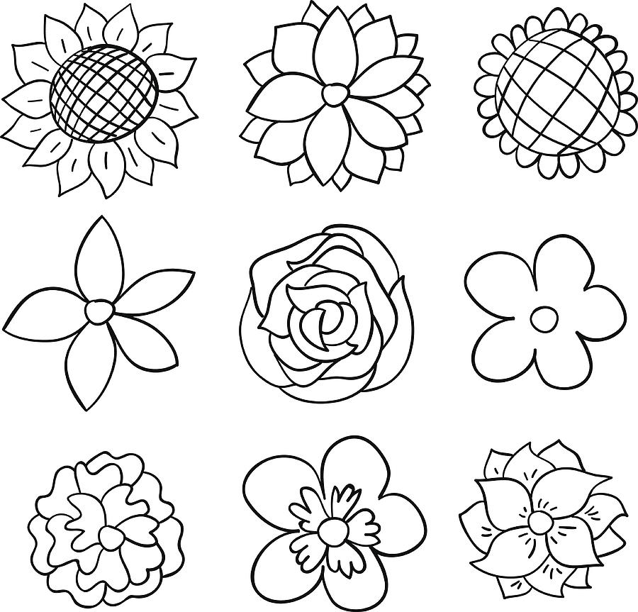 Nine black and white cartoon flowers Drawing by LokFung