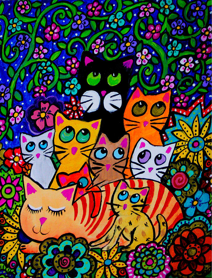 Nine Cats in Everblooming Garden Painting by Tori Radford - Fine Art ...