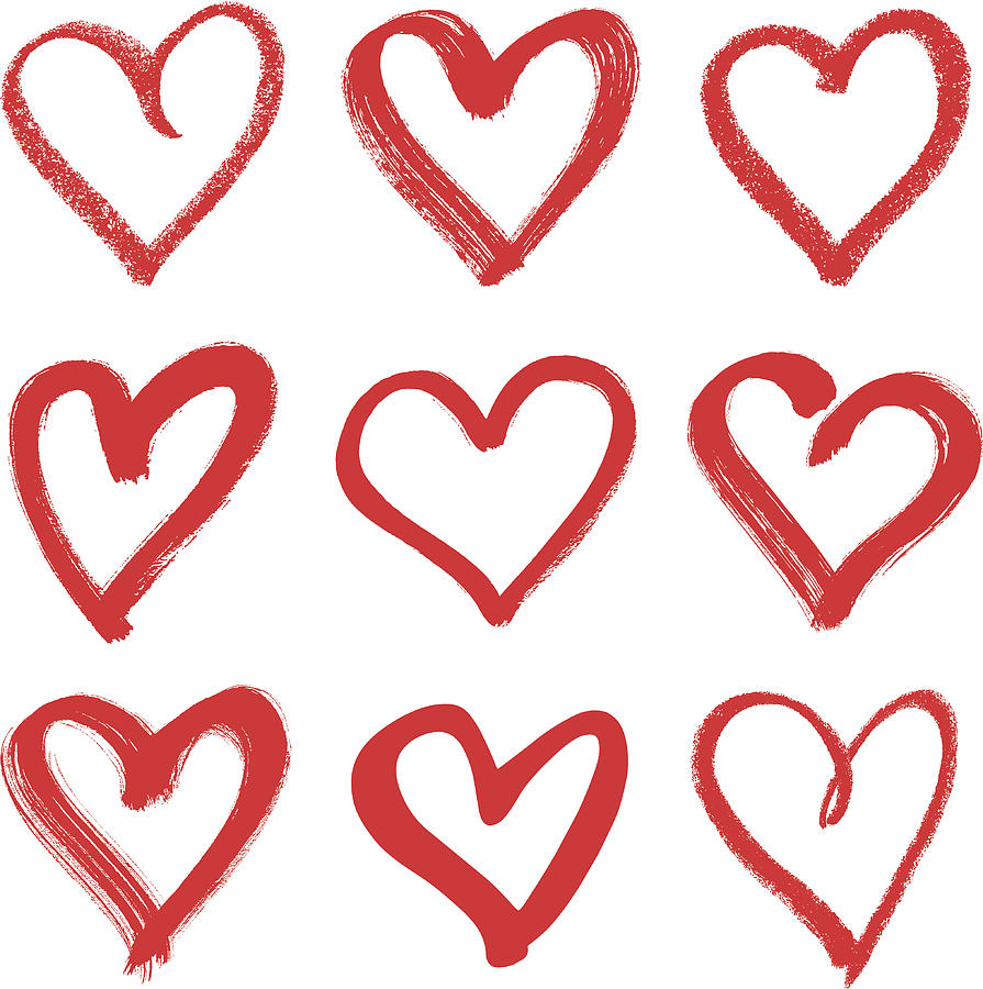 Nine hand drawn red hearts with different thicknesses Drawing by Ulimi