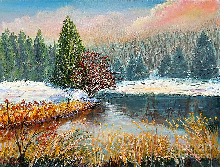 Nixons Colorful Winter View of Greggs Pond Painting by Lee Nixon