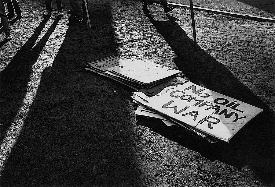 No Oil Company War sign University of Arizona Tucson 1991 Black and white Photograph by David Lee Guss
