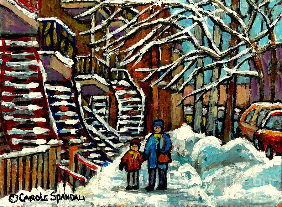 No School Today Out For A Snowy Walk Verdun Winter Winding Staircases Montreal Paintings C Spandau Painting by Carole Spandau