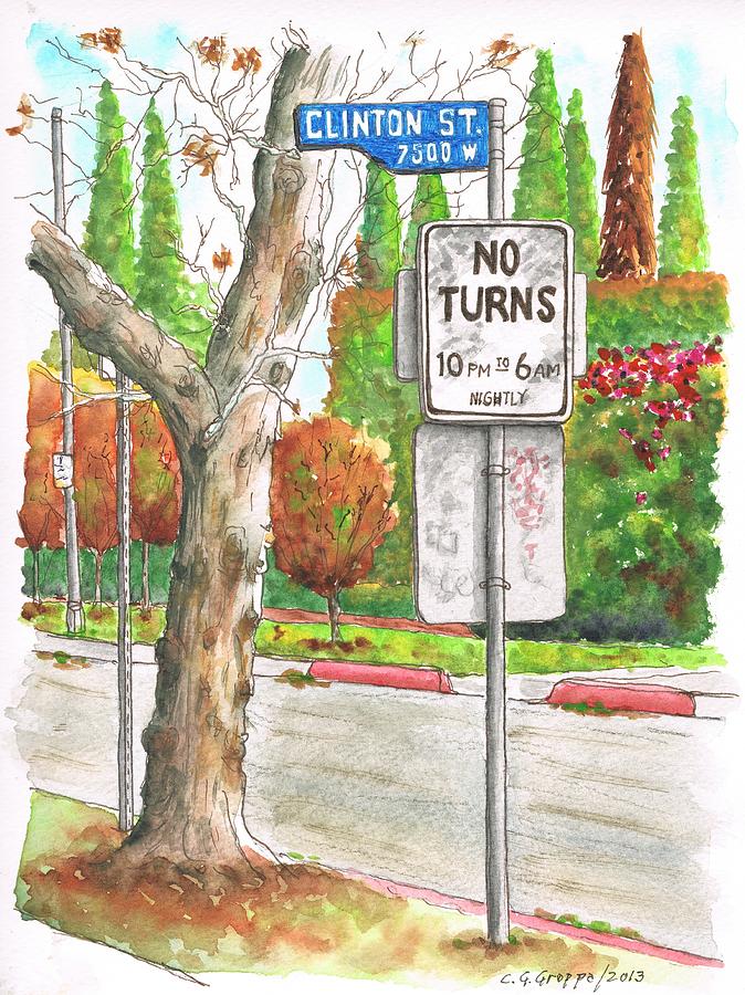 No Turn sign in Clinton Street - West Hollywood - California Painting by Carlos G Groppa