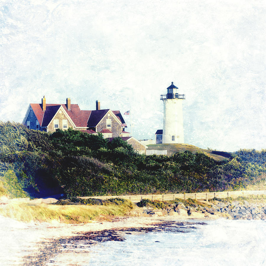 Nobska Lighthouse Cape Cod Massachusetts retro style Mixed Media by Marianne Campolongo
