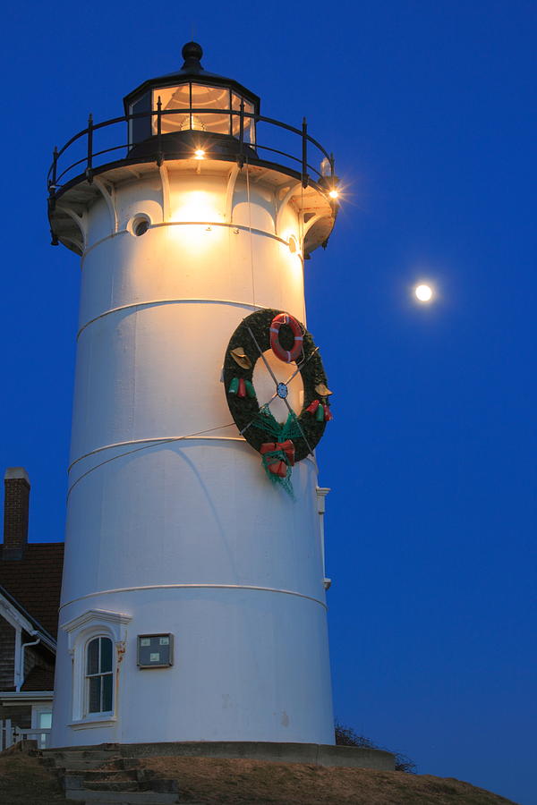 Nobska Lighthouse Holiday Moon Cape Cod Photograph by John Burk