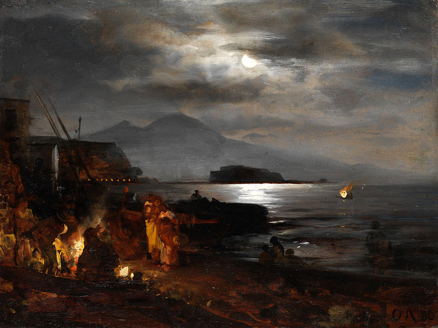 Nocturnal moonlit coastline near Naples Painting by Oswald Achenbach