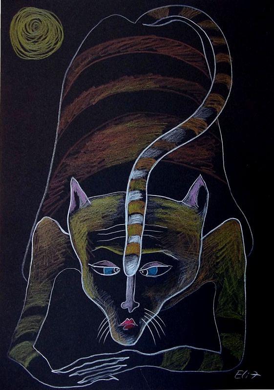 Cat Drawing - Nocturnes. Bestiary-18. GRUDGE AGAINST THE MOON by Elisheva Nesis