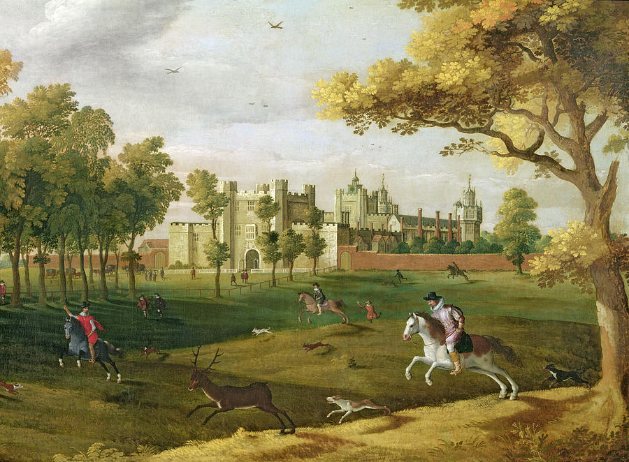 Hound Painting - Nonsuch Palace In The Time Of King by Flemish School