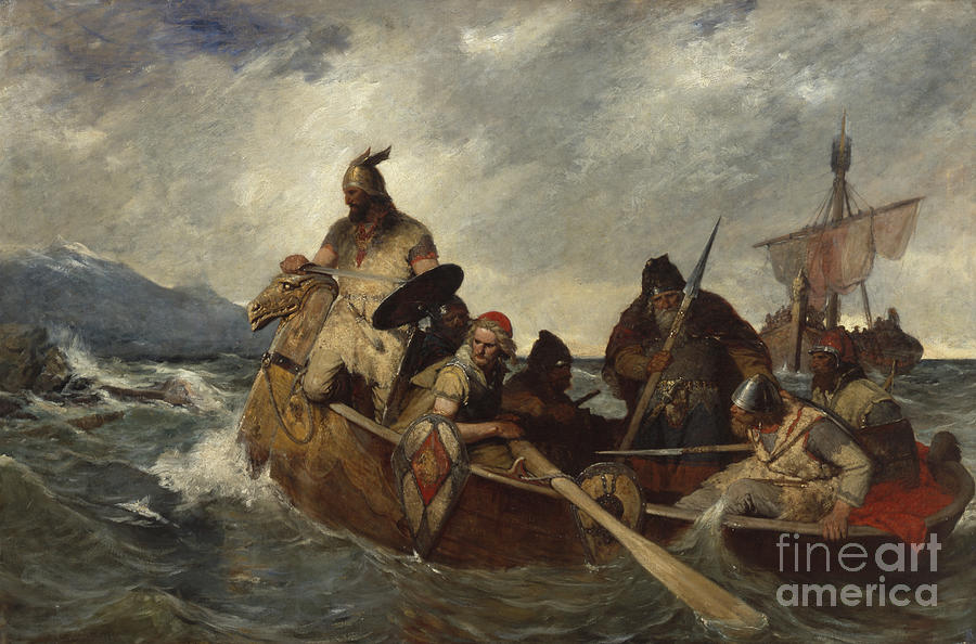 The Norwegians land in Island year 872 Painting by O Vaering by Oscar Wergeland