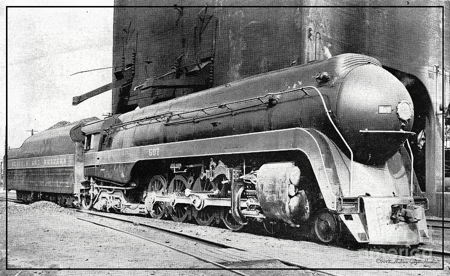 Black And White Photograph - Norfolk and Western Locomotive No. 607 by Audreen Gieger