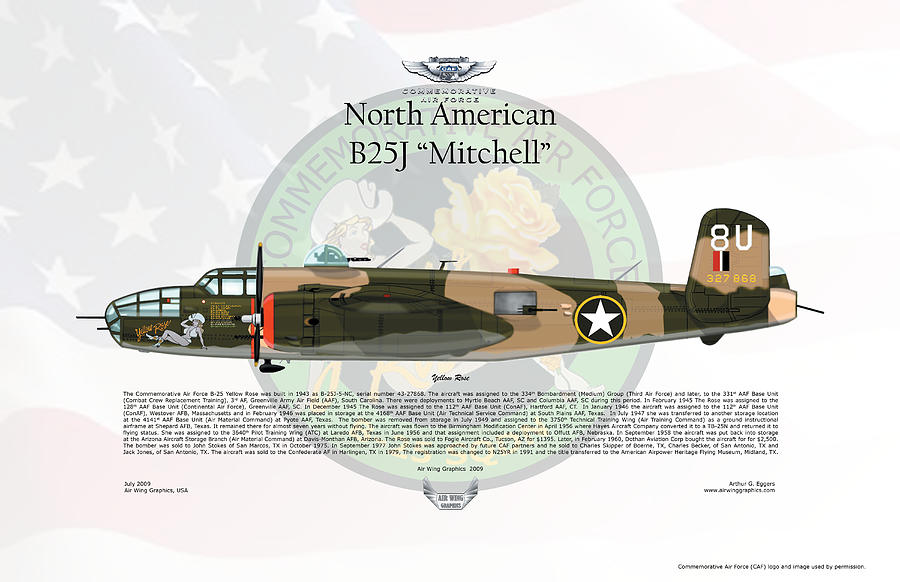 North American B-25J Mitchell Yellow Rose FLAG BACKGROUND Digital Art by Arthur Eggers