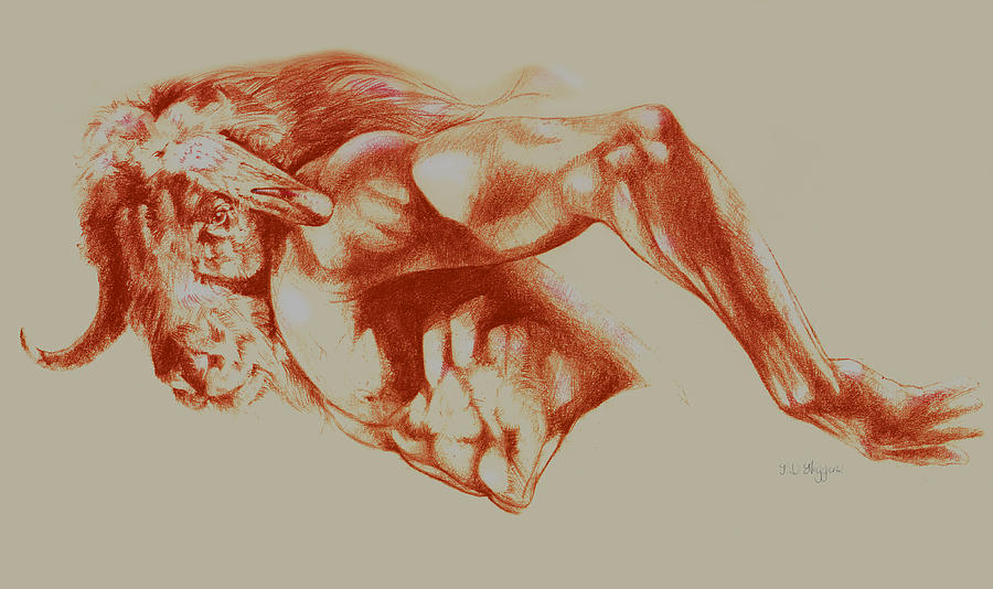 North American Minotaur red sketch Drawing by Derrick Higgins