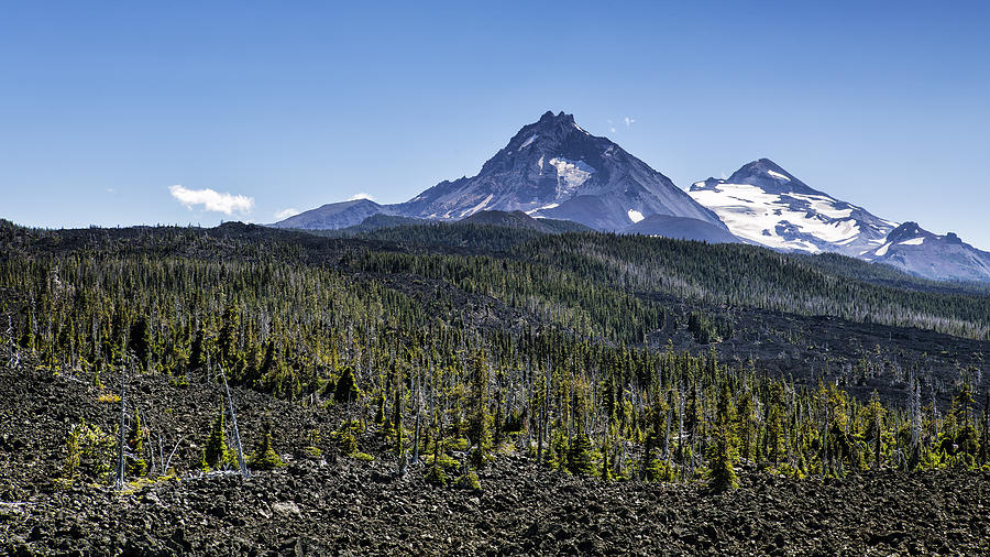 North and Middle Sister and the Lava Fields Photograph by Belinda Greb